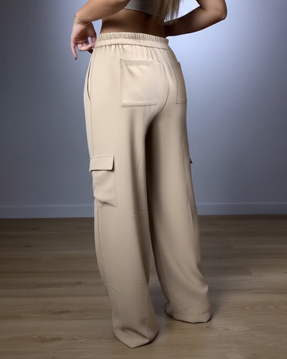 CHICME Women's Casual High Waist Flap Pockets Design Drawstring Pants
