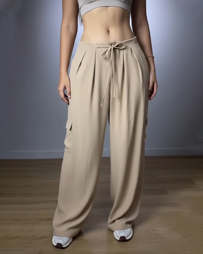 CHICME Women's Casual High Waist Flap Pockets Design Drawstring Pants