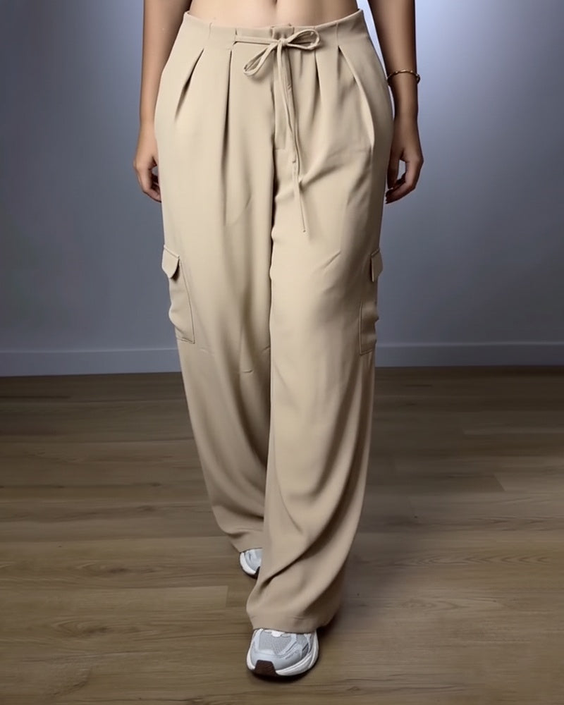 CHICME Women's Casual High Waist Flap Pockets Design Drawstring Pants