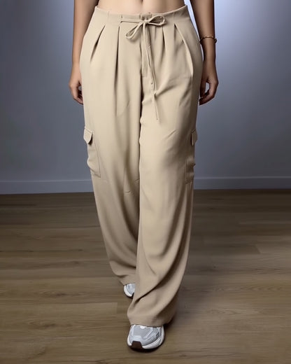 CHICME Women's Casual High Waist Flap Pockets Design Drawstring Pants