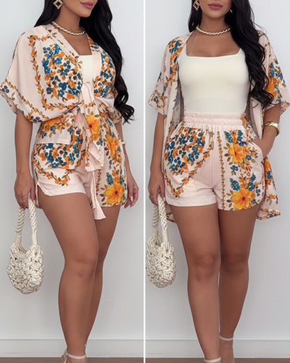 CHICME Women's 2 Piece Outfit Floral Print Cover Up Half Sleeve Blouse Shorts Set