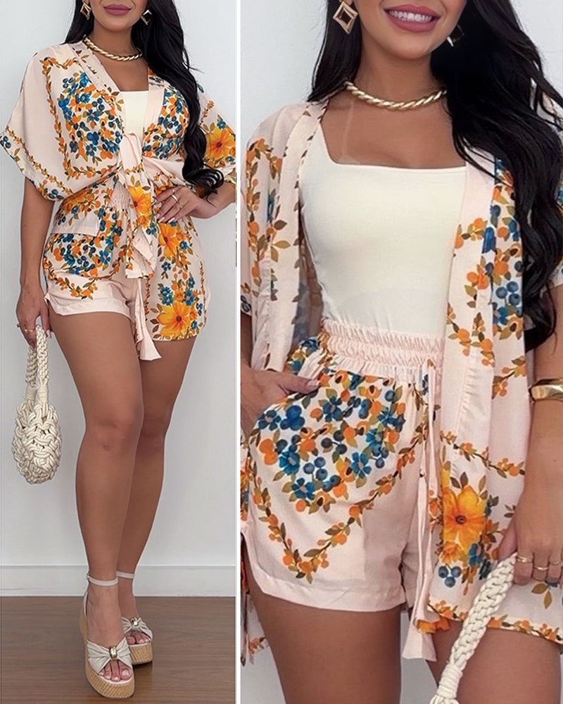 CHICME Women's 2 Piece Outfit Floral Print Cover Up Half Sleeve Blouse Shorts Set