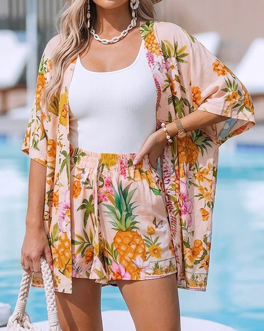 CHICME Women's 2 Piece Outfit Floral Print Cover Up Half Sleeve Blouse Shorts Set