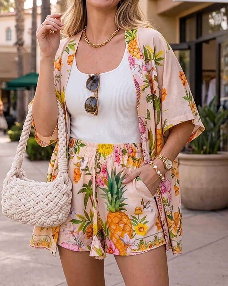 CHICME Women's 2 Piece Outfit Floral Print Cover Up Half Sleeve Blouse Shorts Set