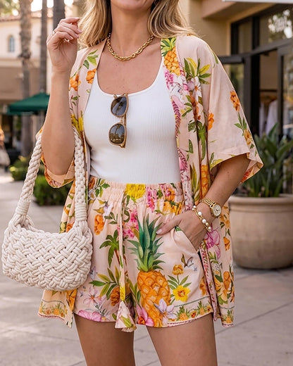 CHICME Women's 2 Piece Outfit Floral Print Cover Up Half Sleeve Blouse Shorts Set