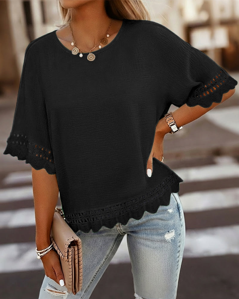 CHICME Women's Summer Boho Tops Dressy Casual Crewneck Short Sleeve Blouse