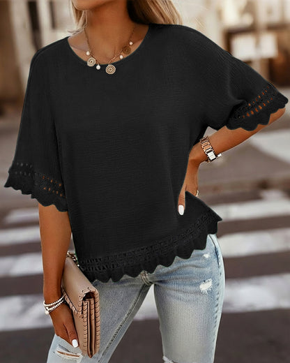 CHICME Women's Summer Boho Tops Dressy Casual Crewneck Short Sleeve Blouse