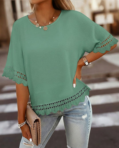 CHICME Women's Summer Boho Tops Dressy Casual Crewneck Short Sleeve Blouse