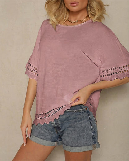 CHICME Women's Summer Boho Tops Dressy Casual Crewneck Short Sleeve Blouse