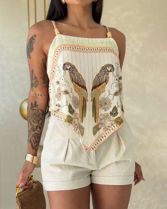 CHICME Tropical Tops for Women Parrot Floral Print Cami Top Beaded Spaghetti Strap Boho Vacation Summer Tops Camisole