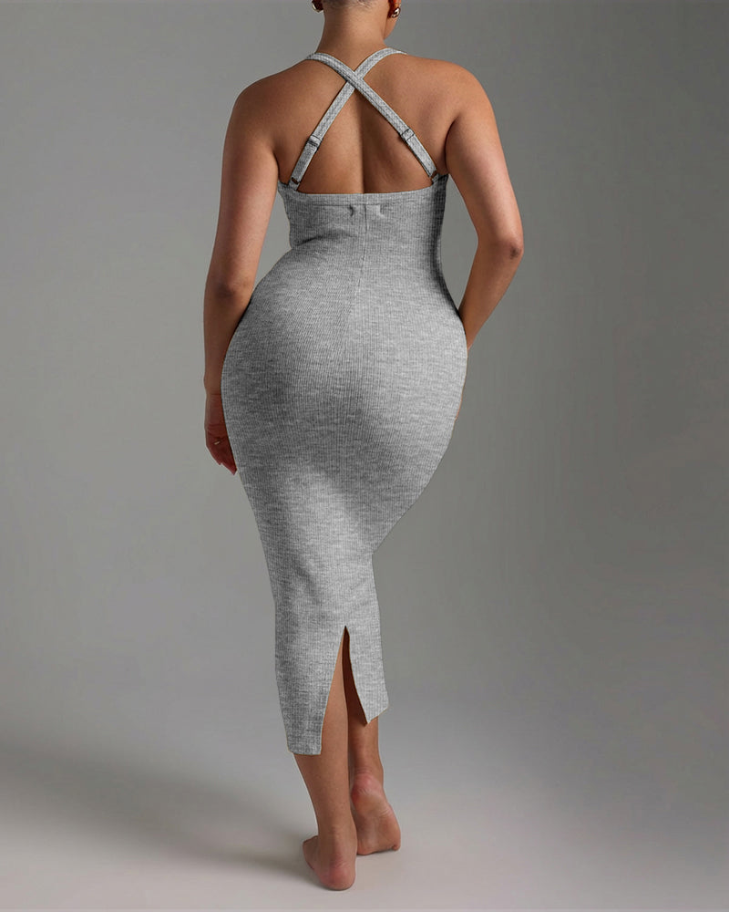 Meghabajaj Womens Sexy Dress Midi Ribbed Sleeveless Criss Cross Straps Backless  Guest Dresses
