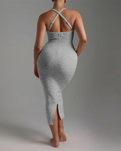 Meghabajaj Womens Sexy Dress Midi Ribbed Sleeveless Criss Cross Straps Backless  Guest Dresses