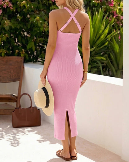 Meghabajaj Womens Sexy Dress Midi Ribbed Sleeveless Criss Cross Straps Backless  Guest Dresses