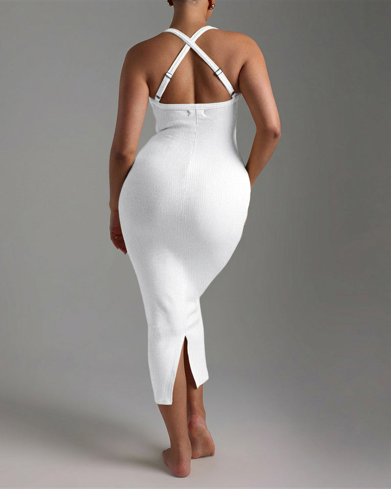 Meghabajaj Womens Sexy Dress Midi Ribbed Sleeveless Criss Cross Straps Backless  Guest Dresses
