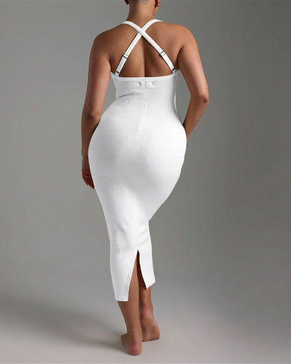 Meghabajaj Womens Sexy Dress Midi Ribbed Sleeveless Criss Cross Straps Backless  Guest Dresses
