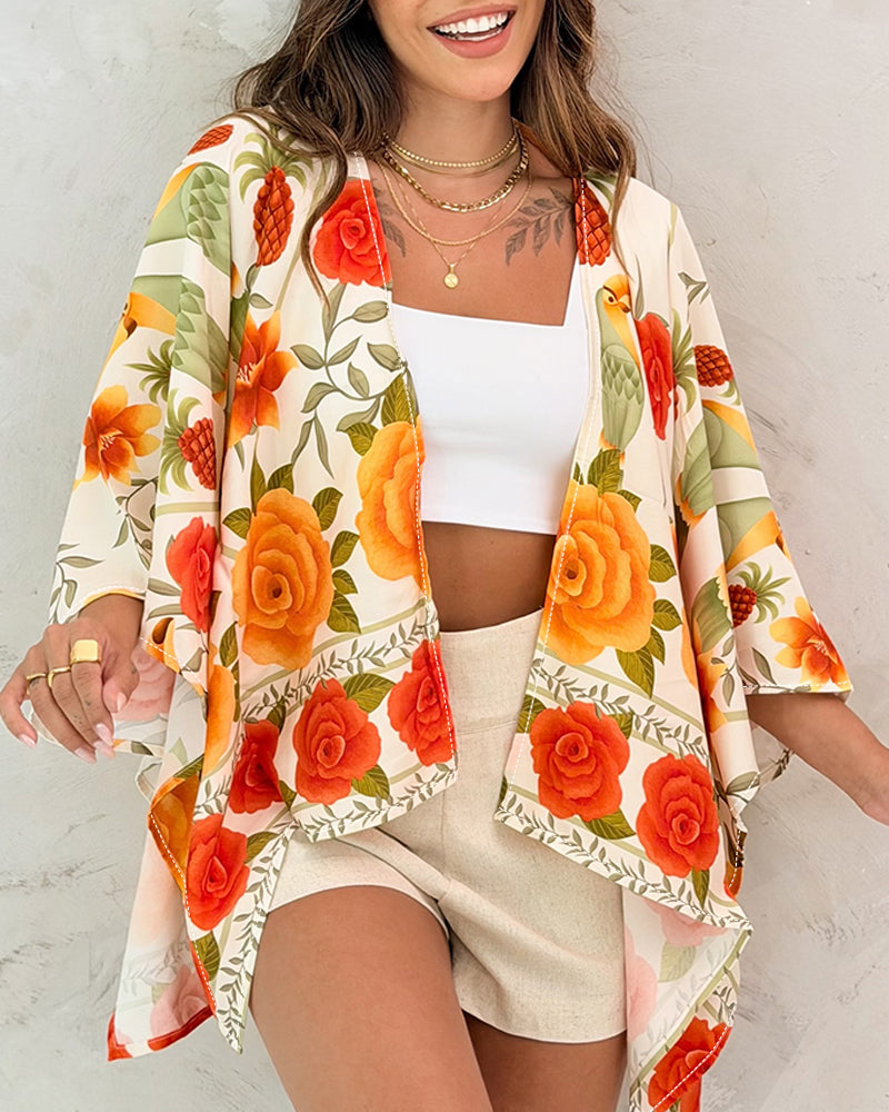 CHICME Women's Floral Print Batwing Sleeve Hollow Out Swimsuit Coverup