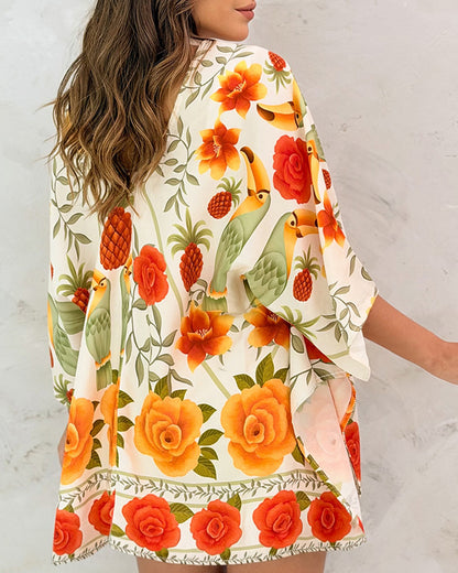 CHICME Women's Floral Print Batwing Sleeve Hollow Out Swimsuit Coverup