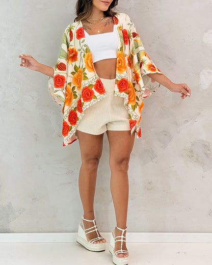 CHICME Women's Floral Print Batwing Sleeve Hollow Out Swimsuit Coverup
