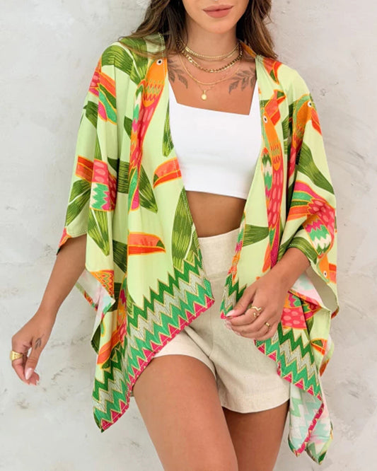 CHICME Women's Floral Print Swimsuit Coverup Batwing Sleeve Hollow Out