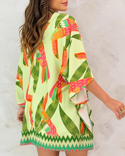 CHICME Women's Floral Print Swimsuit Coverup Batwing Sleeve Hollow Out