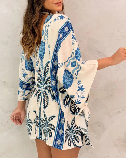 CHICME Women's Floral Print Swimsuit Coverup Batwing Sleeve Hollow Out Beach Cover Up Summer Cardigan Loose Swimwear