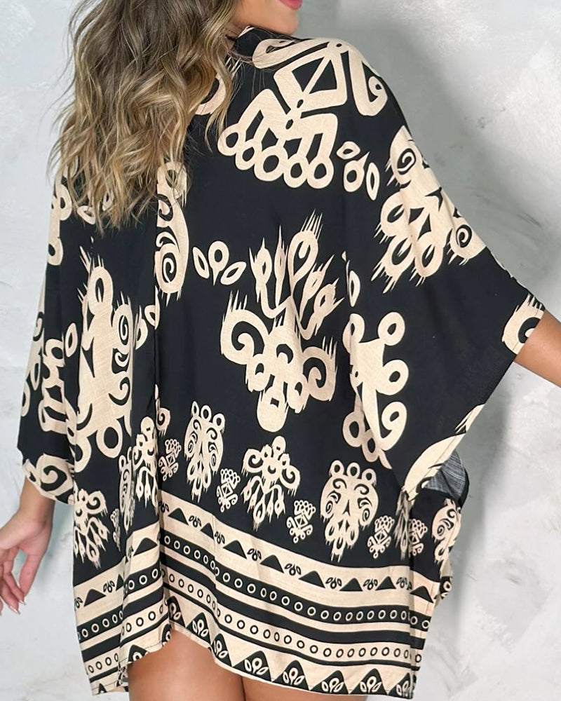 CHICME Women's Floral Print Swimsuit Coverup Batwing Sleeve Hollow Out Beach Cover Up