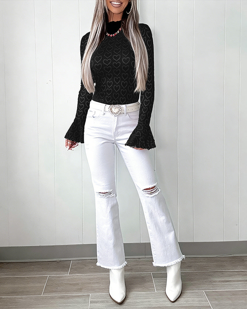 CHICME Heart Pointelle Knit Tops for Women Going Out Tops Mock Neck Bell Long Sleeve Shirts