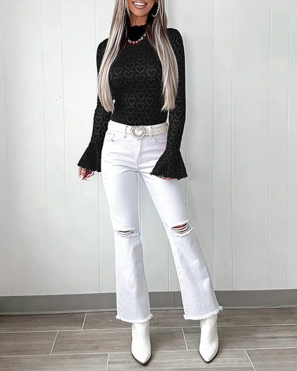 CHICME Heart Pointelle Knit Tops for Women Going Out Tops Mock Neck Bell Long Sleeve Shirts