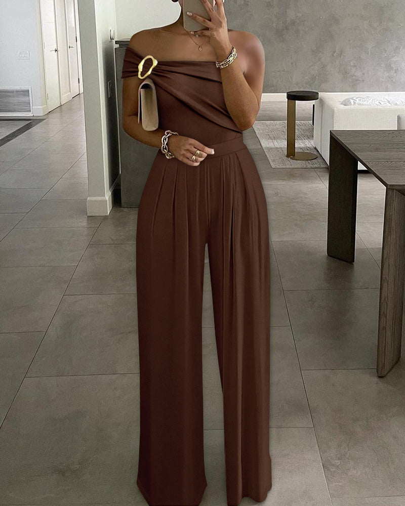 Justalittlefighter Womens Sleeveless Jumpsuit One Shoulder Ruched Romper