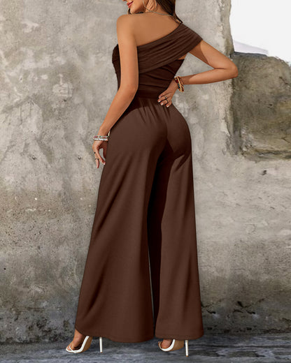 Justalittlefighter Womens Sleeveless Jumpsuit One Shoulder Ruched Romper