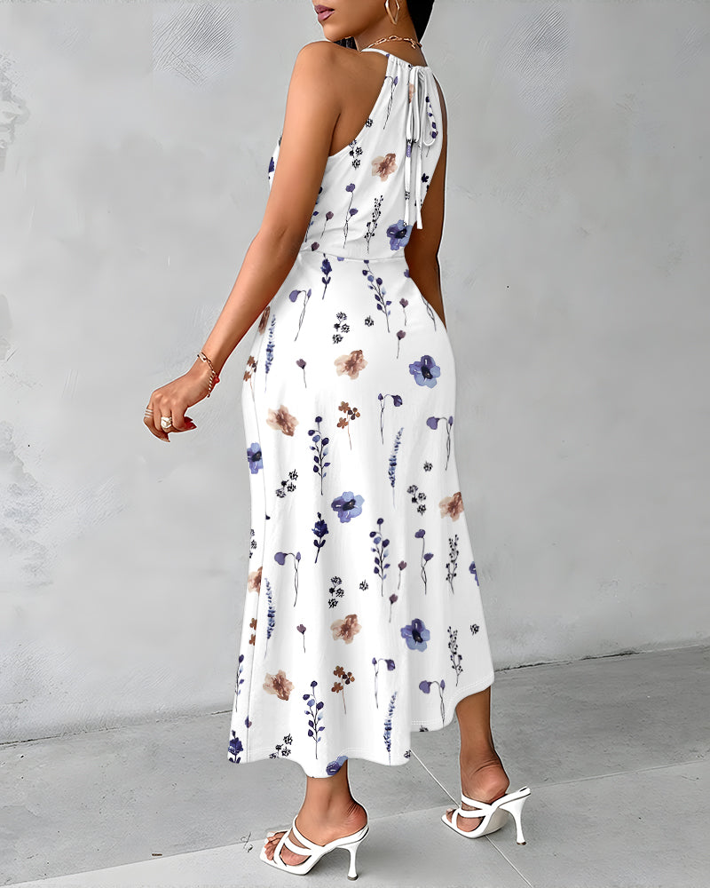 CHICME Womens Summer Halter Floral Print Ruched Bodycon Midi Dresses