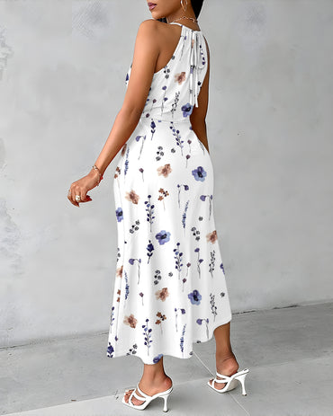 CHICME Womens Summer Halter Floral Print Ruched Bodycon Midi Dresses