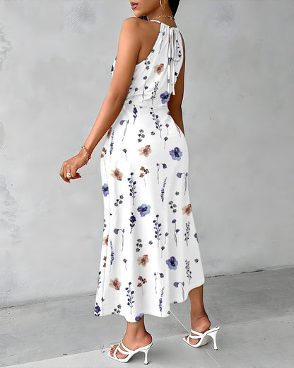 CHICME Womens Summer Halter Floral Print Ruched Bodycon Midi Dresses