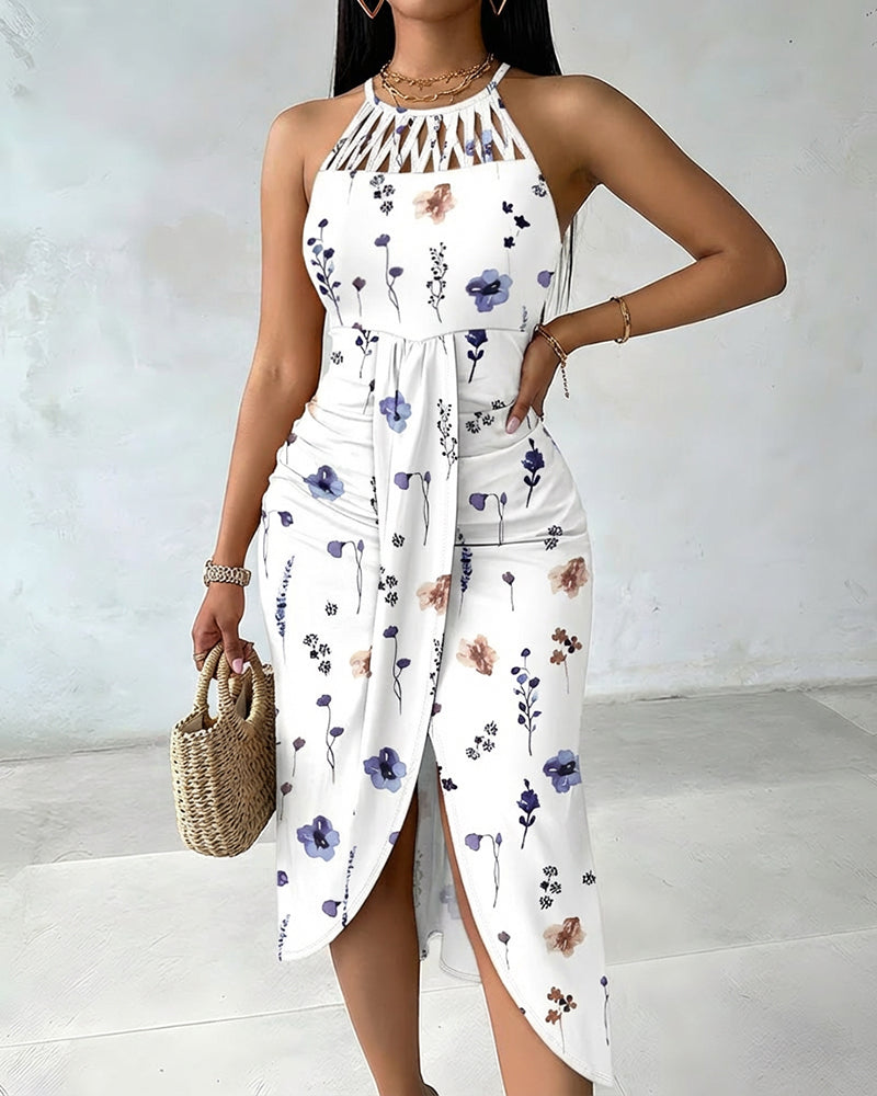 CHICME Womens Summer Halter Floral Print Ruched Bodycon Midi Dresses