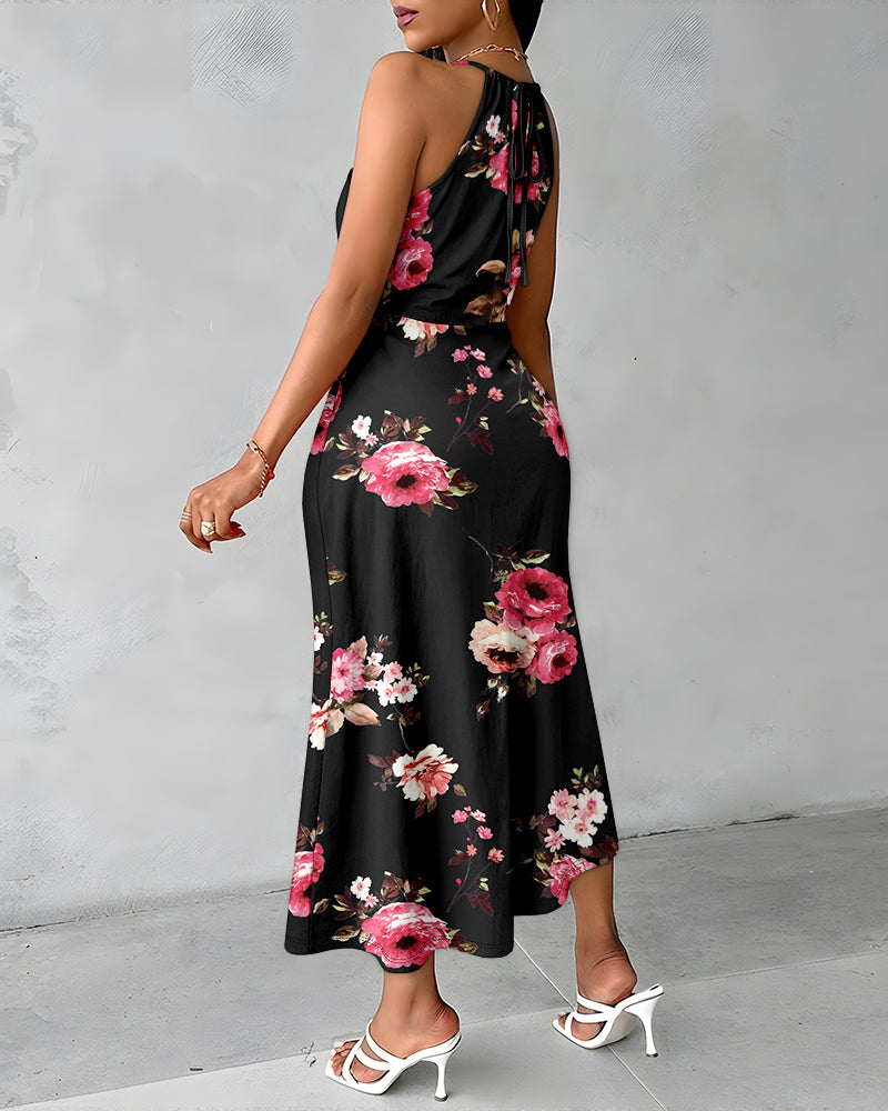 CHICME Womens Summer Halter Floral Print Ruched Bodycon Midi Dresses
