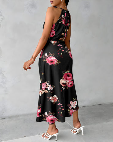 CHICME Womens Summer Halter Floral Print Ruched Bodycon Midi Dresses