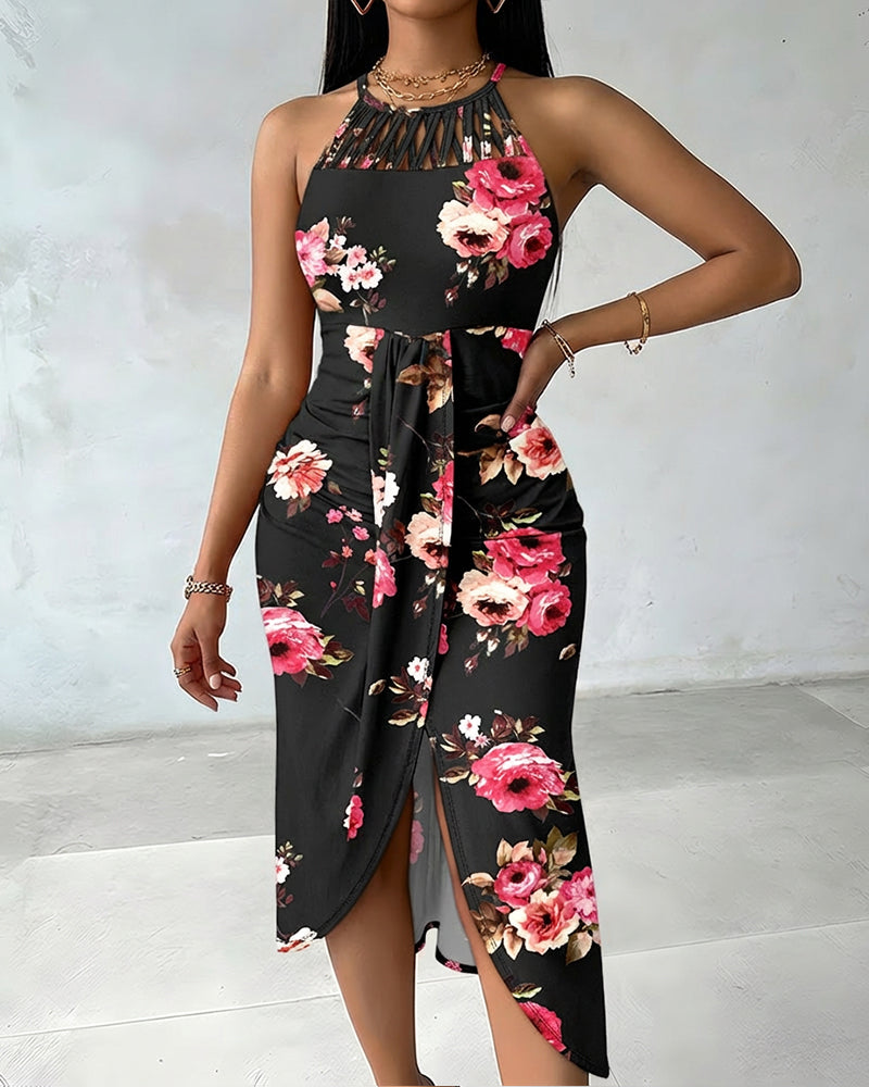 CHICME Womens Summer Halter Floral Print Ruched Bodycon Midi Dresses