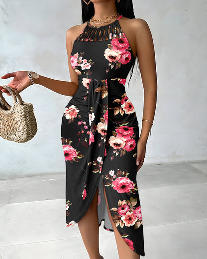 CHICME Womens Summer Halter Floral Print Ruched Bodycon Midi Dresses