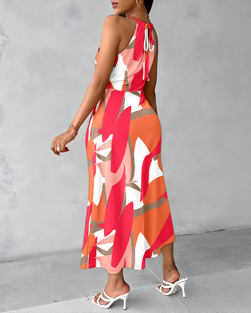 CHICME Womens Summer Halter Floral Print Ruched Bodycon Midi Dresses