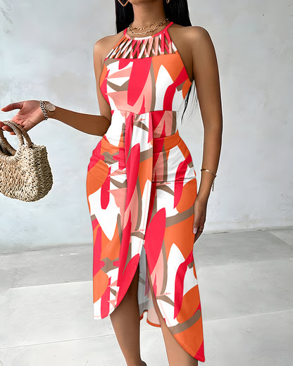 CHICME Womens Summer Halter Floral Print Ruched Bodycon Midi Dresses