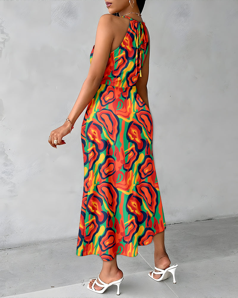 CHICME Womens Summer Halter Floral Print Ruched Bodycon Midi Dresses