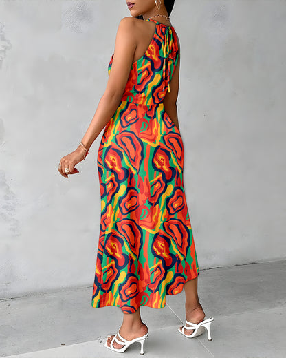 CHICME Womens Summer Halter Floral Print Ruched Bodycon Midi Dresses