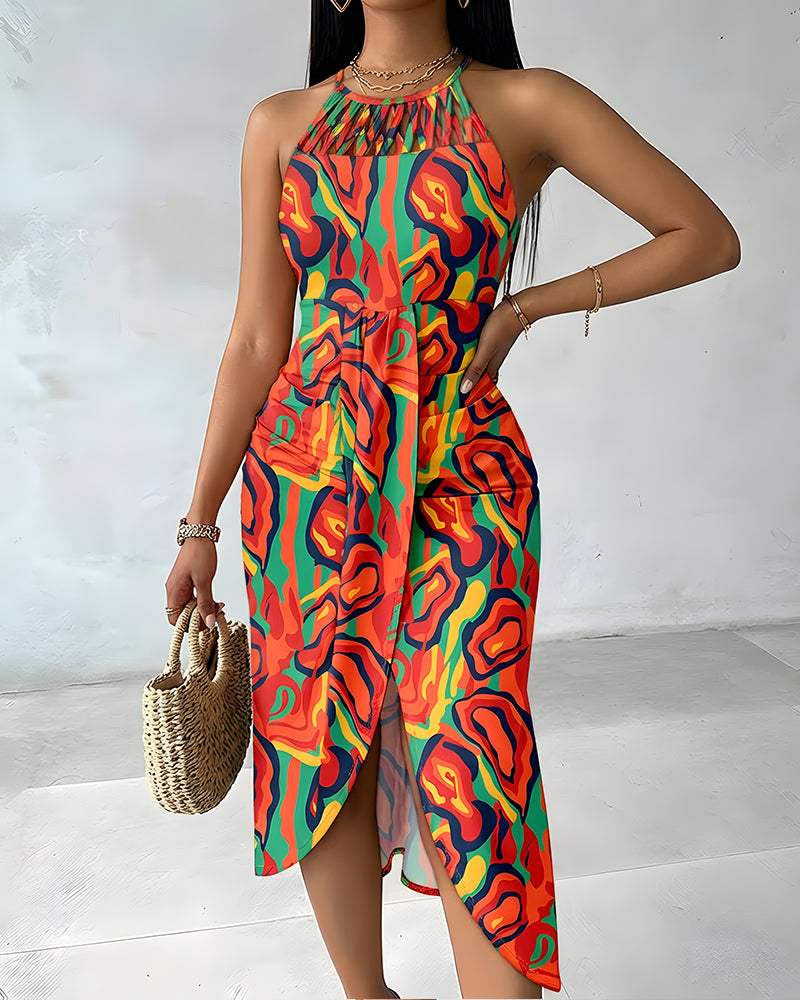 CHICME Womens Summer Halter Floral Print Ruched Bodycon Midi Dresses
