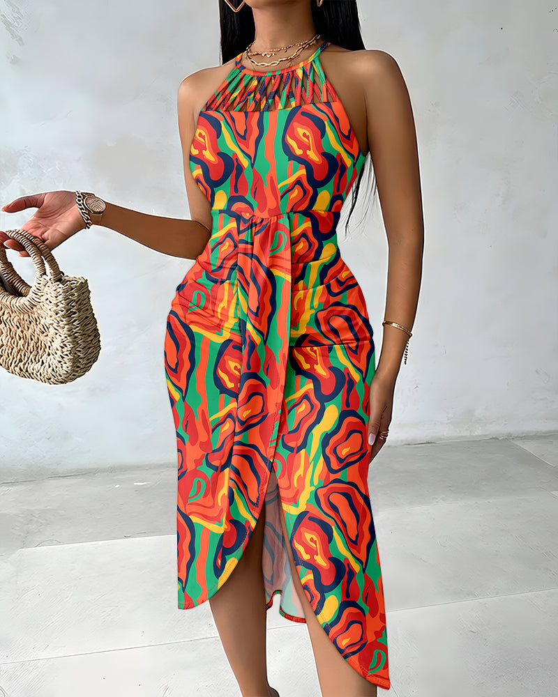 CHICME Womens Summer Halter Floral Print Ruched Bodycon Midi Dresses