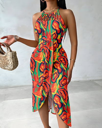 CHICME Womens Summer Halter Floral Print Ruched Bodycon Midi Dresses