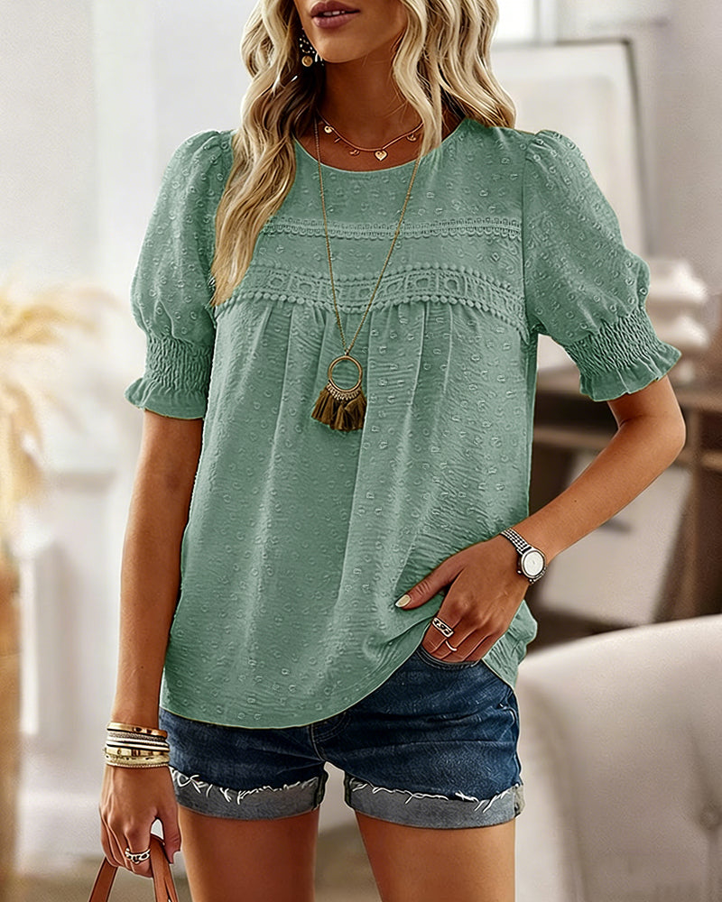 CHICME Womens Summer Tops Crewneck Puff Sleeve Shirts Dressy Casual Blouses