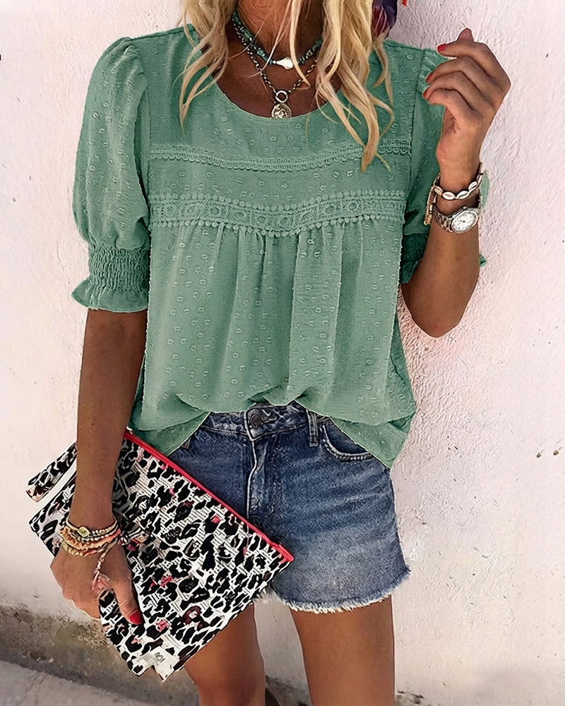 CHICME Womens Summer Tops Crewneck Puff Sleeve Shirts Dressy Casual Blouses