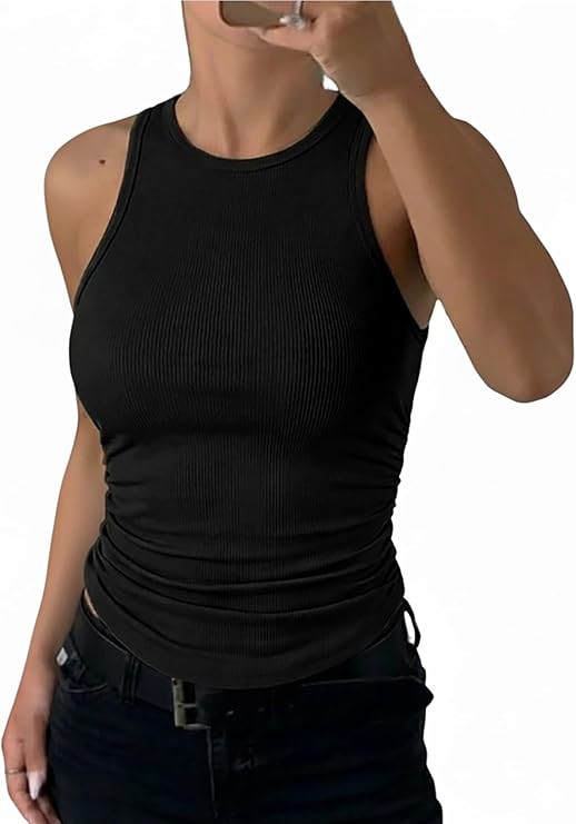 CHICME Womens Sleeveless Racerback High Neck Casual Basic Fitted Ruched Ribbed Tank Top