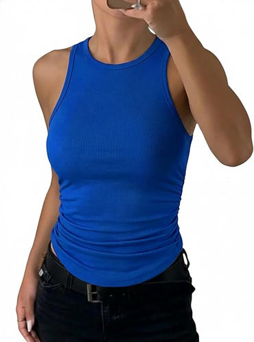 CHICME Womens Sleeveless Racerback High Neck Casual Basic Fitted Ruched Ribbed Tank Top