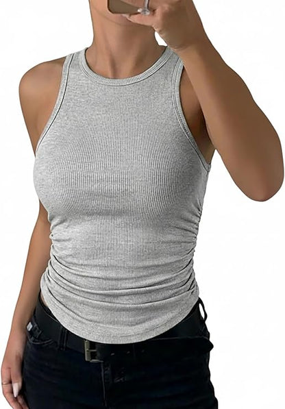 CHICME Womens Sleeveless Racerback High Neck Casual Basic Fitted Ruched Ribbed Tank Top